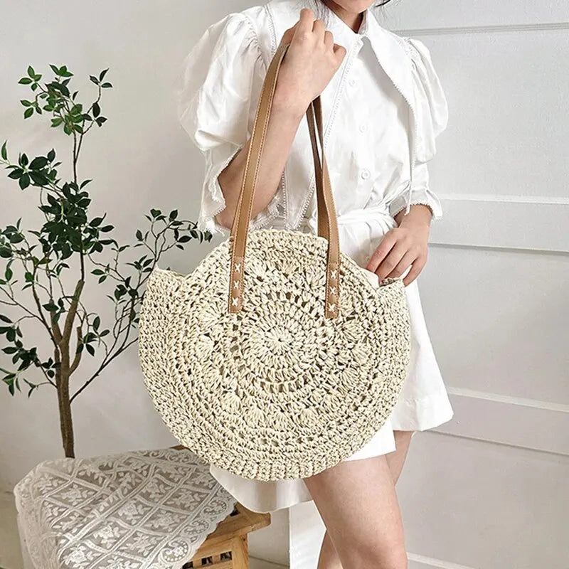 Femme Sac Tote Rond Tressé avec Anses en Imitation Cuir