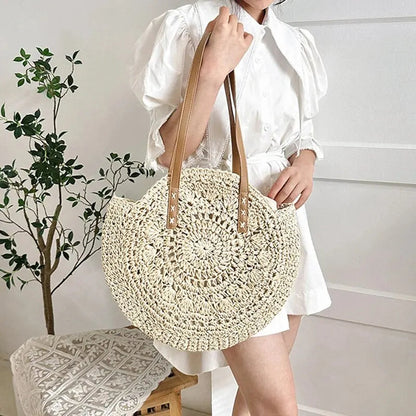 Femme Sac Tote Rond Tressé avec Anses en Imitation Cuir