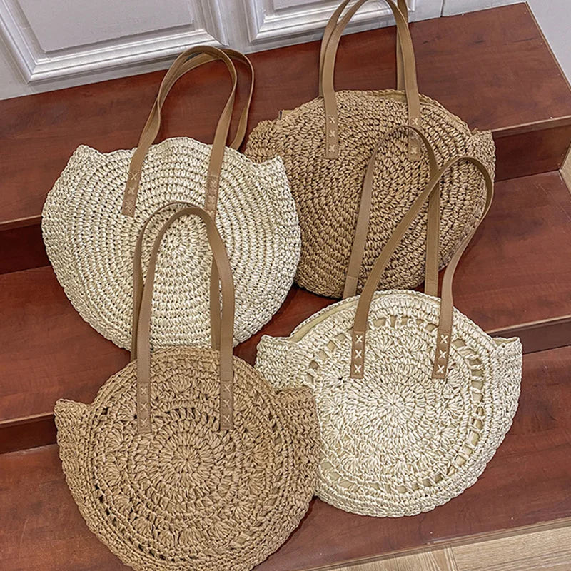 Femme Sac Tote Rond Tressé avec Anses en Imitation Cuir