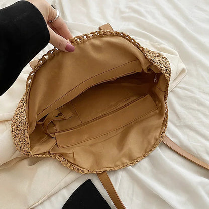 Femme Sac Tote Rond Tressé avec Anses en Imitation Cuir