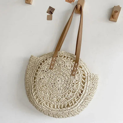 Femme Sac Tote Rond Tressé avec Anses en Imitation Cuir