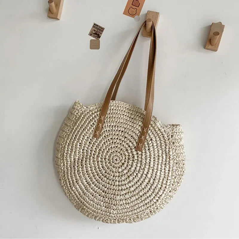 Femme Sac Tote Rond Tressé avec Anses en Imitation Cuir