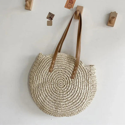 Femme Sac Tote Rond Tressé avec Anses en Imitation Cuir