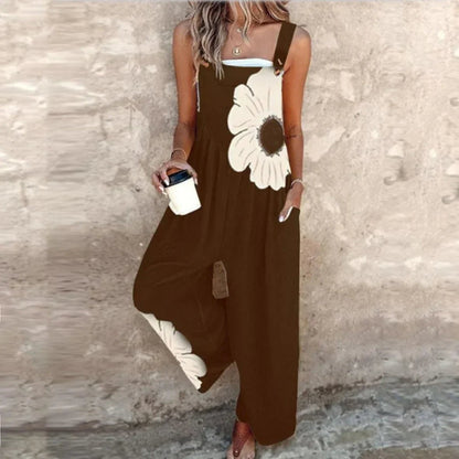 Women's Floral Dungarees with Adjustable Straps and Wide Legs - 9