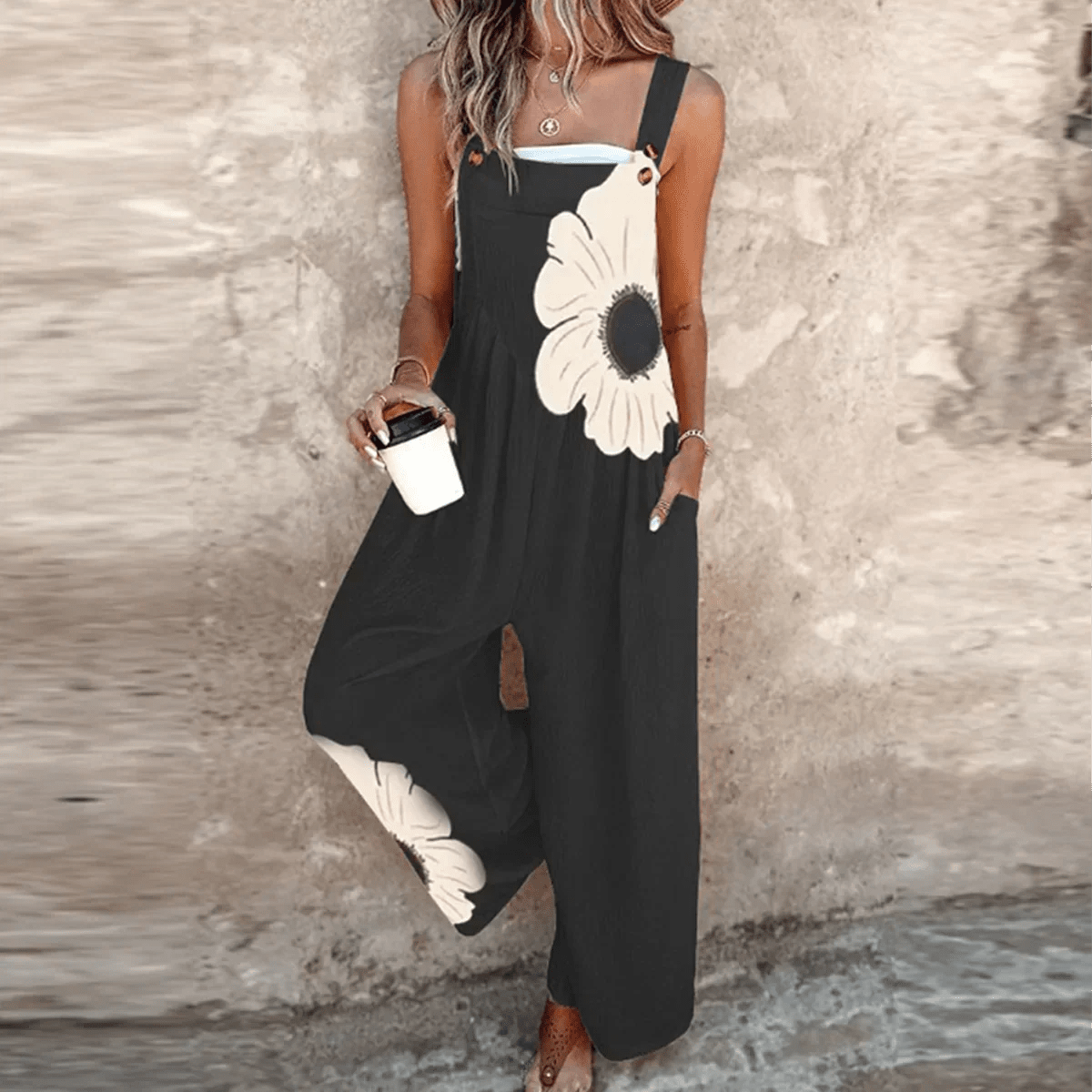 Women's Floral Dungarees with Adjustable Straps and Wide Legs - 2