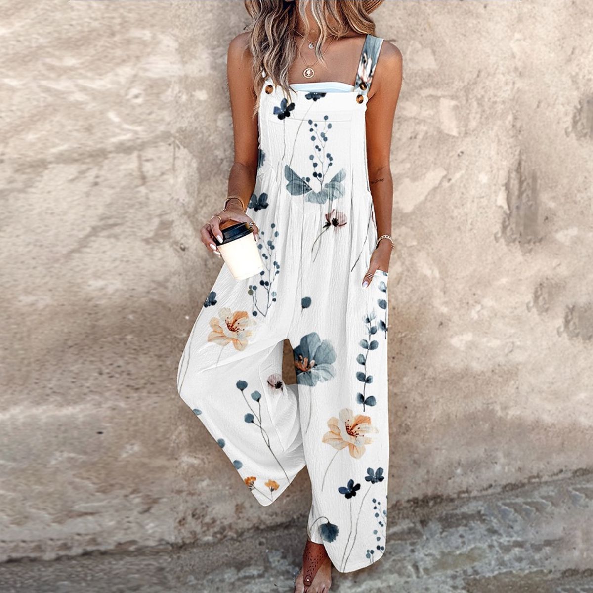 Women's Floral Dungarees with Adjustable Straps and Wide Legs - 3