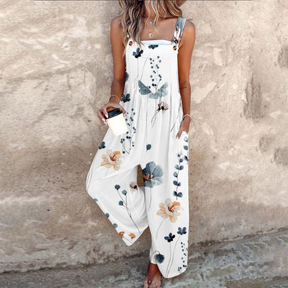 Women's Floral Dungarees with Adjustable Straps and Wide Legs - 3