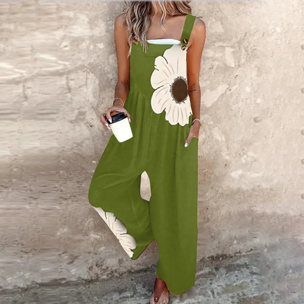 Femme Salopette Florale à Bretelles Réglables et Jambes Larges