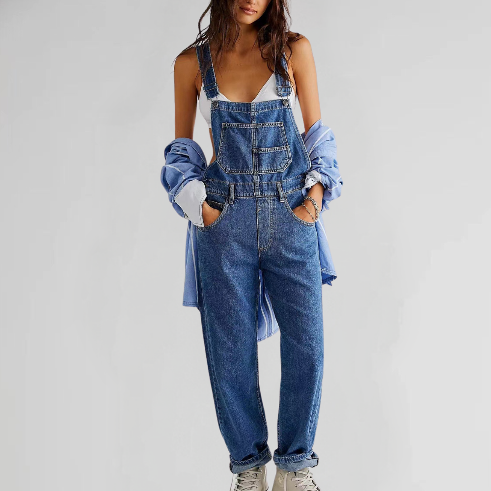 Femme Salopette Jean Bretelles Croisées Coupe Droite Rétro