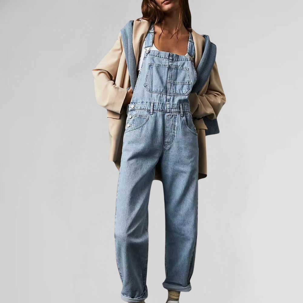 Women's Retro Straight Cut Jean Dungarees with Crossed Straps - 4