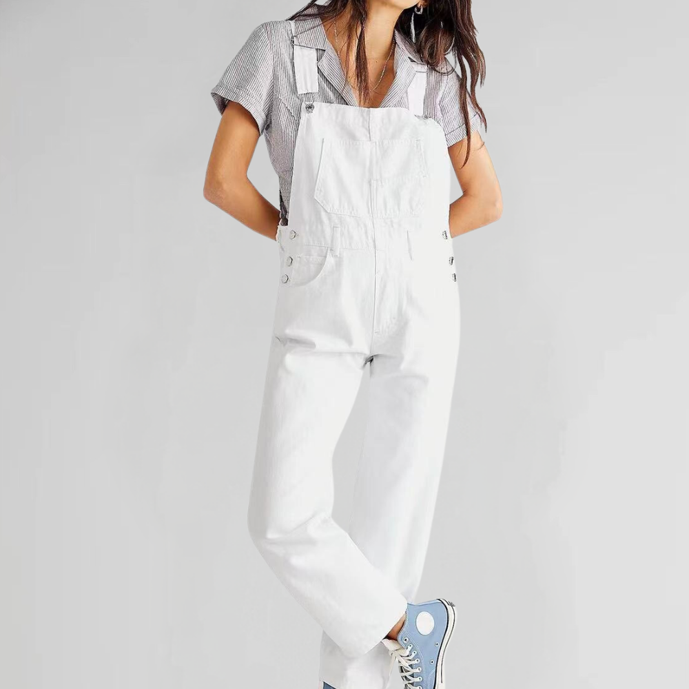 Women's Retro Straight Cut Jean Dungarees with Crossed Straps - 5
