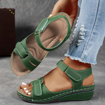 Femme Sandales à Talon Compensé avec Fermeture Velcro et Bout Ouvert
