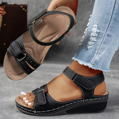 Femme Sandales à Talon Compensé avec Fermeture Velcro et Bout Ouvert