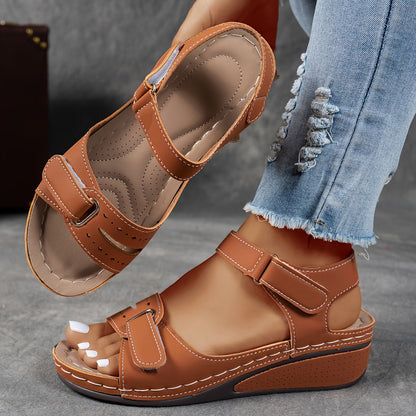 Femme Sandales à Talon Compensé avec Fermeture Velcro et Bout Ouvert