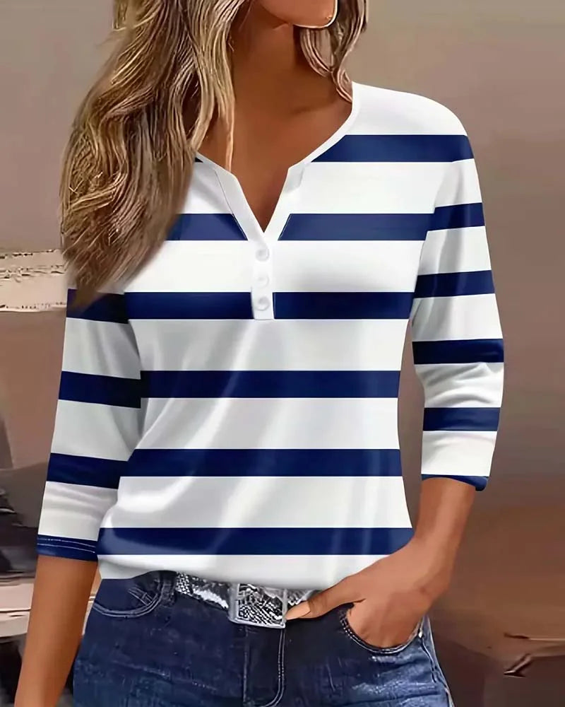 Femme T-shirt Rayé Manches Trois-quarts avec Col V et Boutons