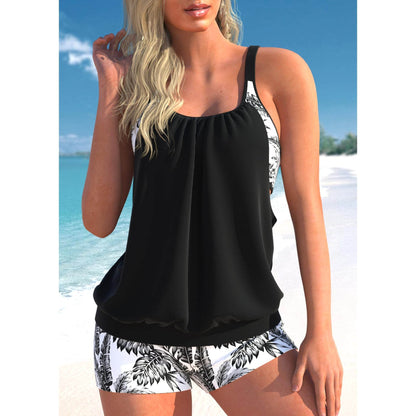 Women's Sleeveless Two-Piece Tankini with Tropical Print and Shorts - 2