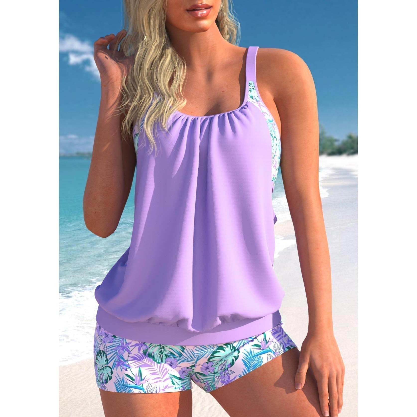 Women's Sleeveless Two-Piece Tankini with Tropical Print and Shorts - 6
