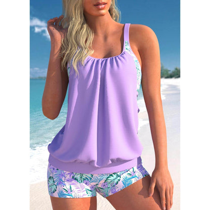 Women's Sleeveless Two-Piece Tankini with Tropical Print and Shorts - 6