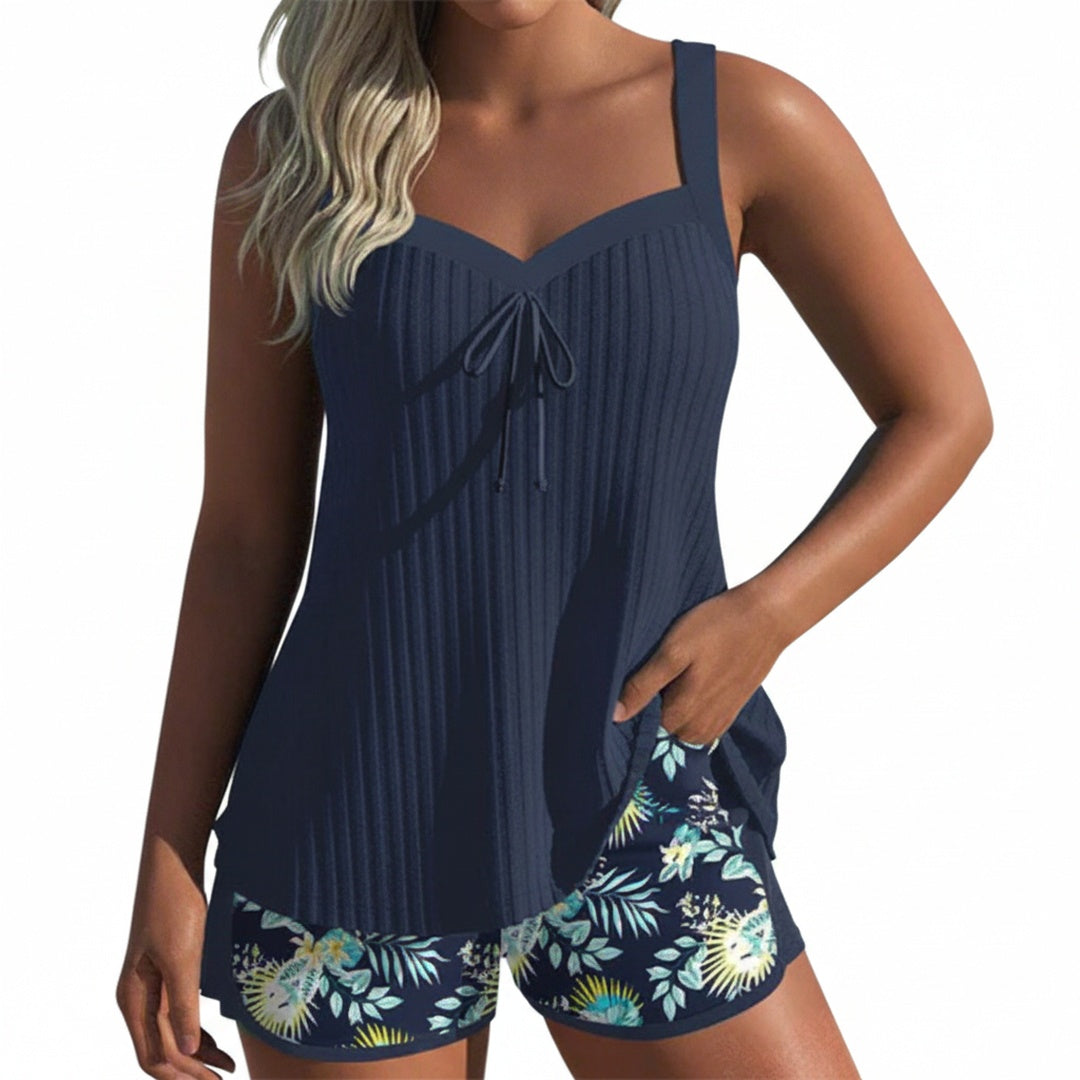 Femme Tankini Deux Pièces sans Manches avec Short Fleuri et Bretelles Réglables
