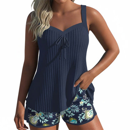 Femme Tankini Deux Pièces sans Manches avec Short Fleuri et Bretelles Réglables