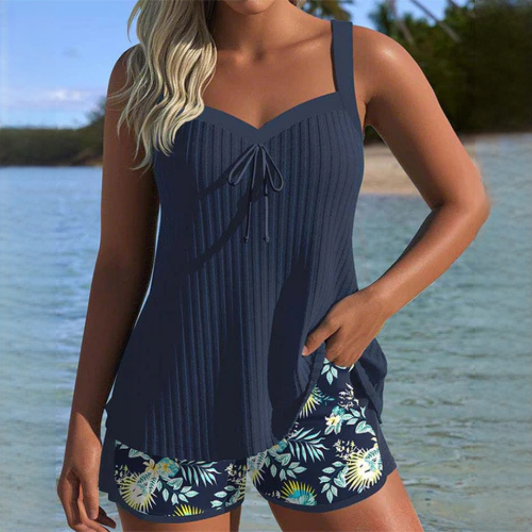 Femme Tankini Deux Pièces sans Manches avec Short Fleuri et Bretelles Réglables