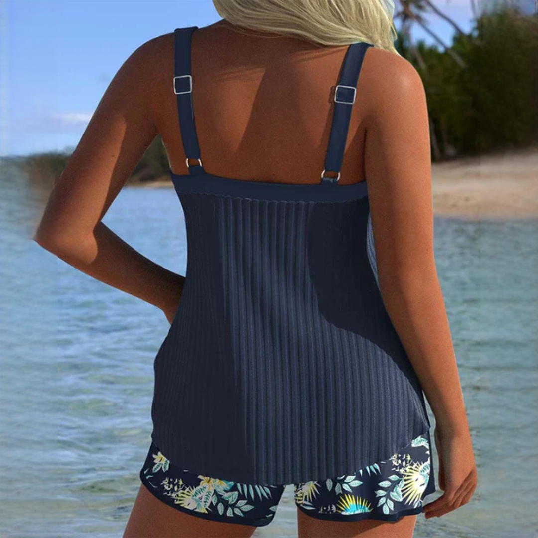 Femme Tankini Deux Pièces sans Manches avec Short Fleuri et Bretelles Réglables