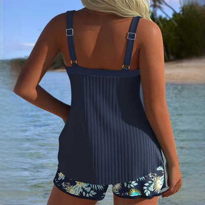 Femme Tankini Deux Pièces sans Manches avec Short Fleuri et Bretelles Réglables