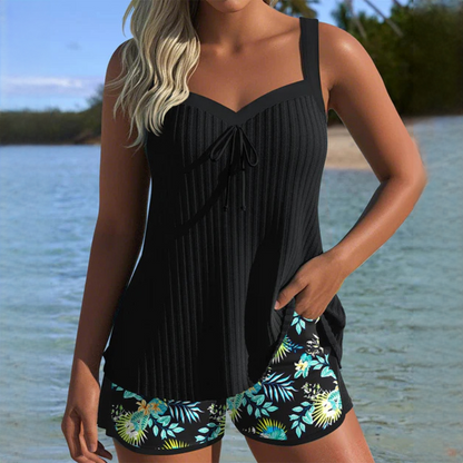 Femme Tankini Deux Pièces sans Manches avec Short Fleuri et Bretelles Réglables