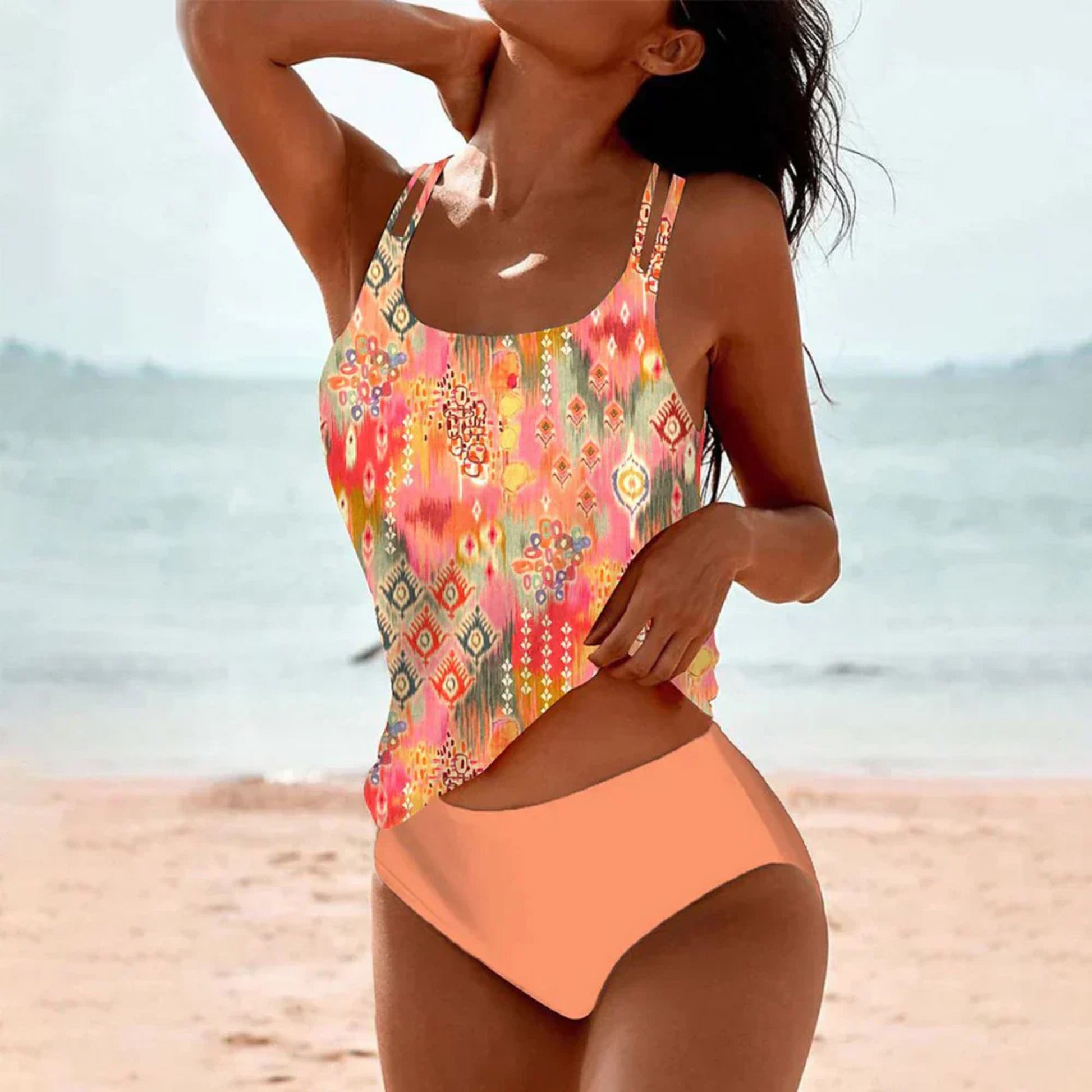 Women's High-Waisted Tankini with Boho Print and Straps - 2