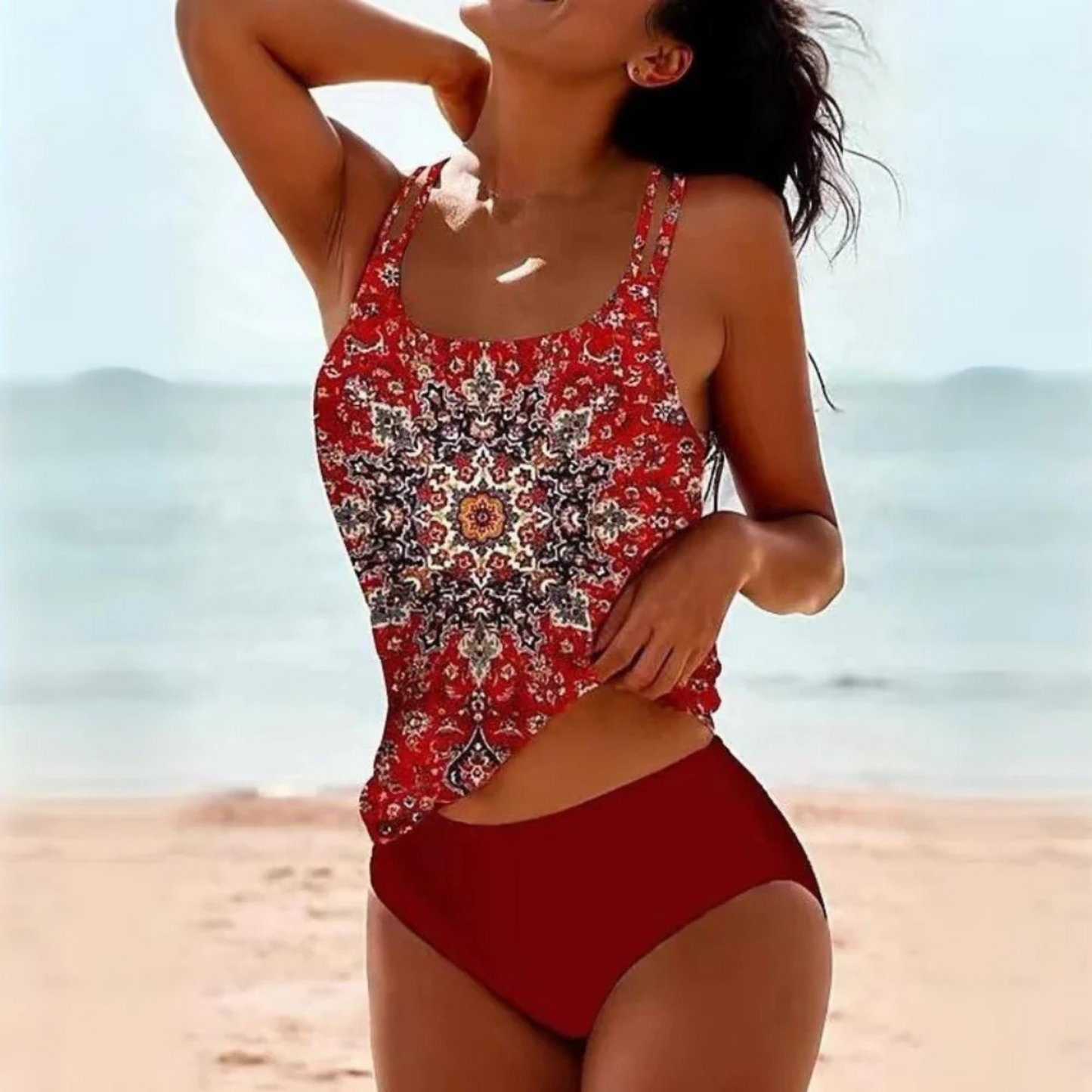 Femme Tankini Taille Haute à Imprimé Boho et Bretelles