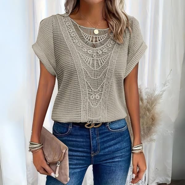 Femme Top Manches Courtes avec Col Rond et Broderie Crochet Style Boho