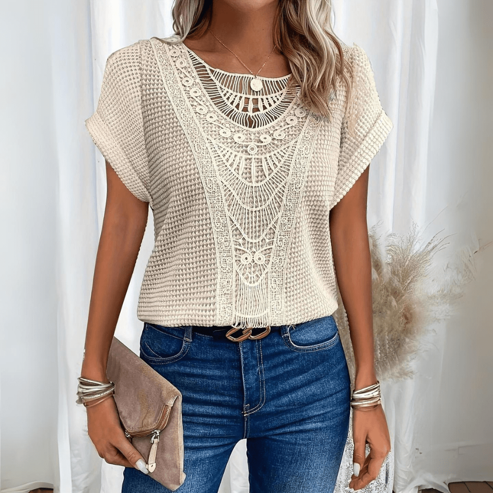 Femme Top Manches Courtes avec Col Rond et Broderie Crochet Style Boho