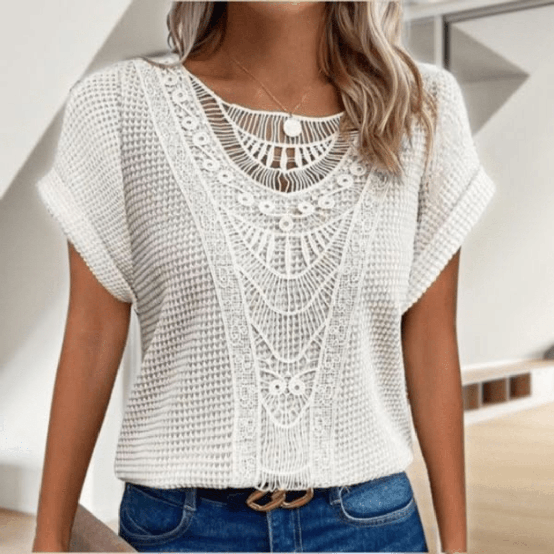 Femme Top Manches Courtes avec Col Rond et Broderie Crochet Style Boho