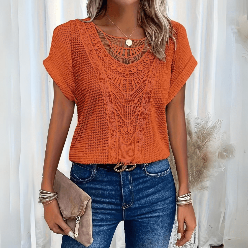 Femme Top Manches Courtes avec Col Rond et Broderie Crochet Style Boho