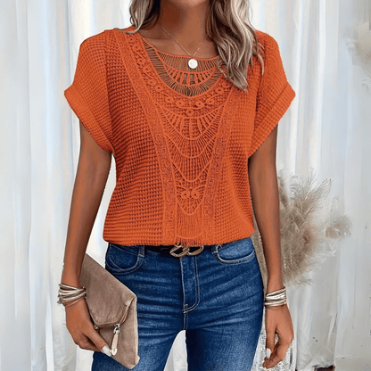 Femme Top Manches Courtes avec Col Rond et Broderie Crochet Style Boho