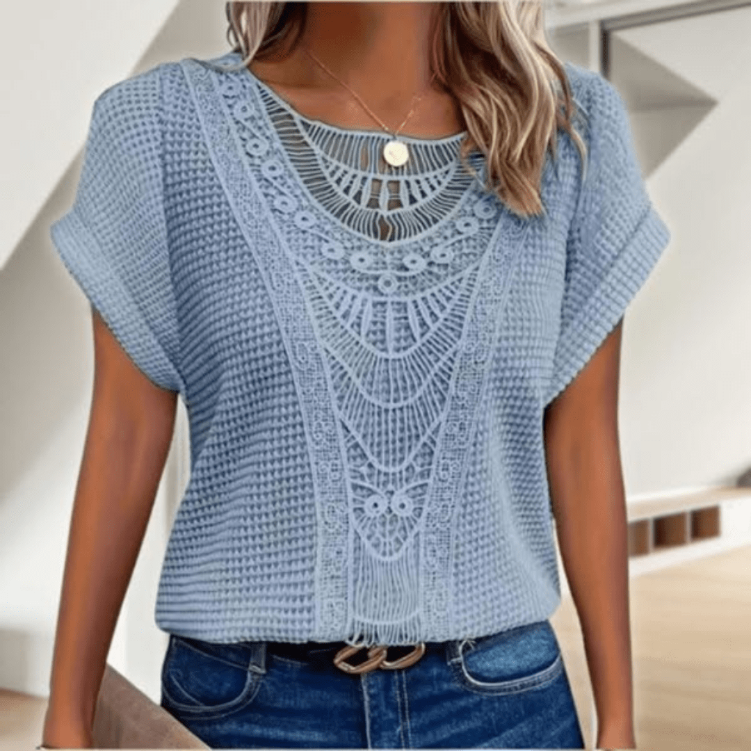 Femme Top Manches Courtes avec Col Rond et Broderie Crochet Style Boho