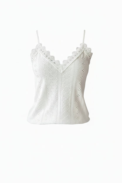 Women's Sleeveless Top with Thin Straps, V-Neck, and Lace Trim - 1