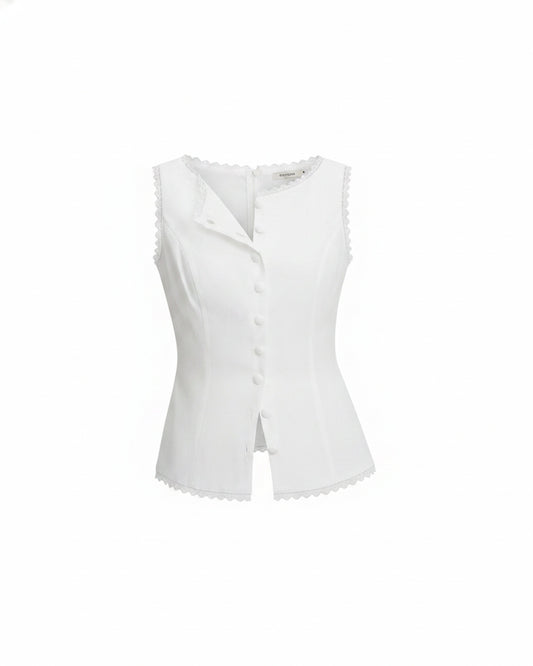 Femme Top sans Manches Col Bateau avec Dentelle et Boutons Slim Fit