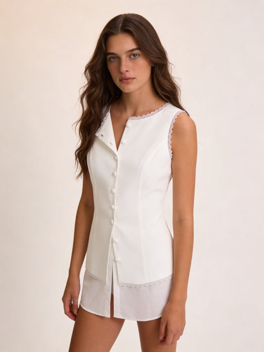 Femme Top sans Manches Col Bateau avec Dentelle et Boutons Slim Fit 1