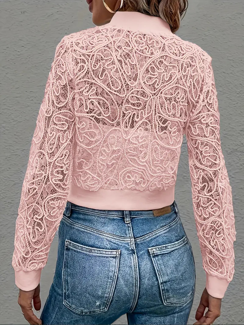 Femme Veste Bomber Courte à Dentelle et Fermeture Éclair Longues Manches