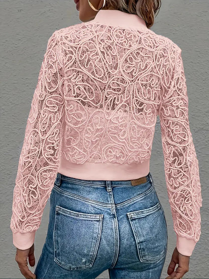Women's Short Bomber Jacket with Lace and Zipper Long Sleeves - 11