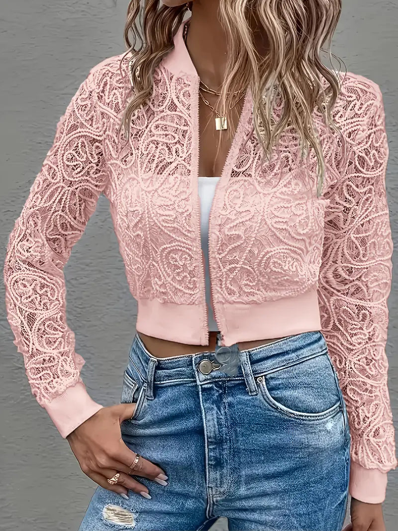 Femme Veste Bomber Courte à Dentelle et Fermeture Éclair Longues Manches