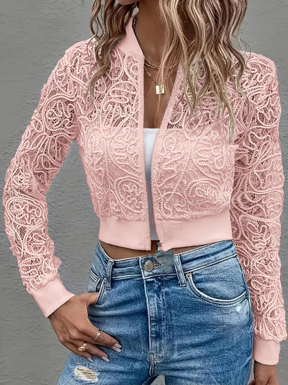 Women's Short Bomber Jacket with Lace and Zipper Long Sleeves - 12