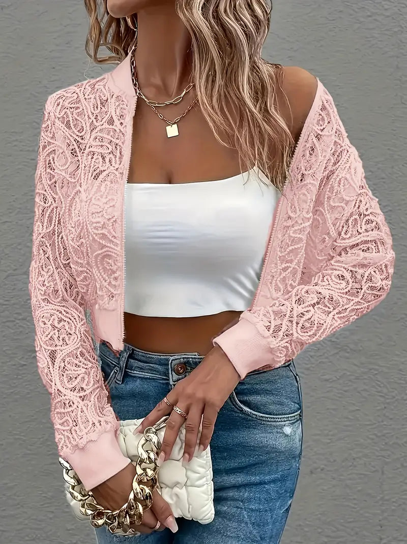 Femme Veste Bomber Courte à Dentelle et Fermeture Éclair Longues Manches