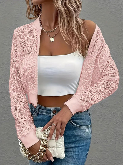 Women's Short Bomber Jacket with Lace and Zipper Long Sleeves - 13