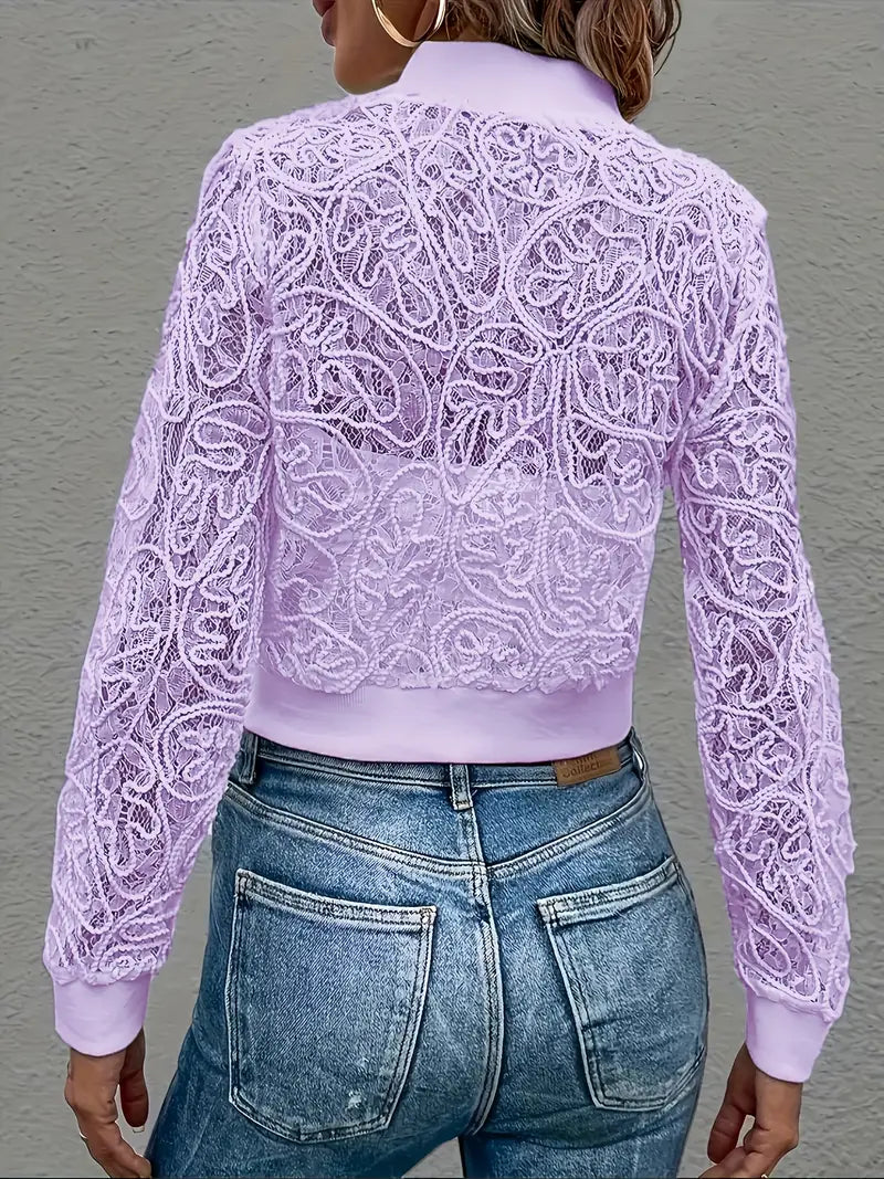 Femme Veste Bomber Courte à Dentelle et Fermeture Éclair Longues Manches