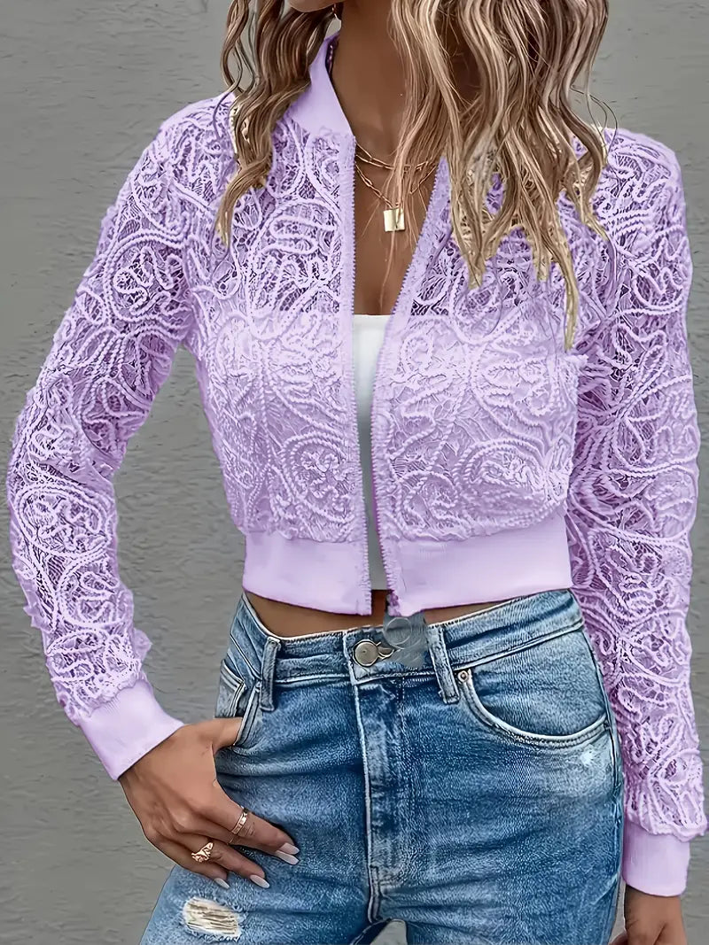 Femme Veste Bomber Courte à Dentelle et Fermeture Éclair Longues Manches