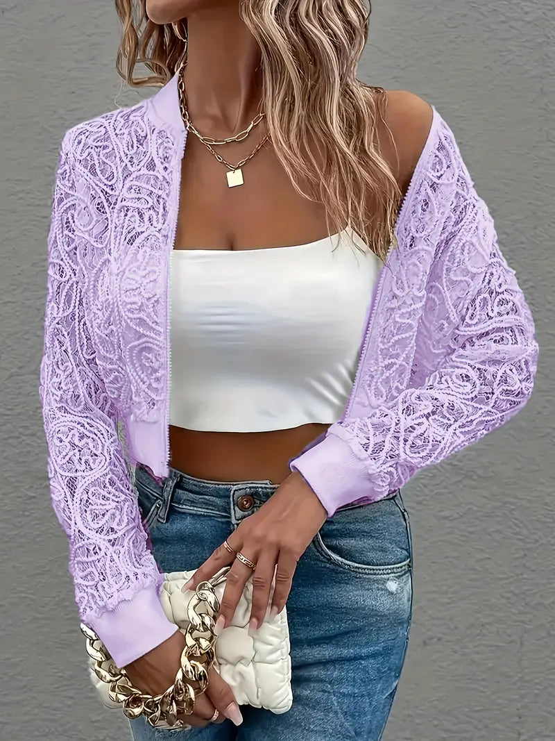 Femme Veste Bomber Courte à Dentelle et Fermeture Éclair Longues Manches