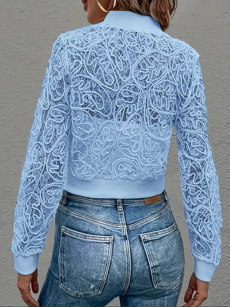 Femme Veste Bomber Courte à Dentelle et Fermeture Éclair Longues Manches