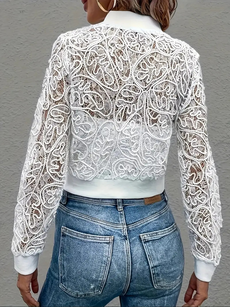Femme Veste Bomber Courte à Dentelle et Fermeture Éclair Longues Manches